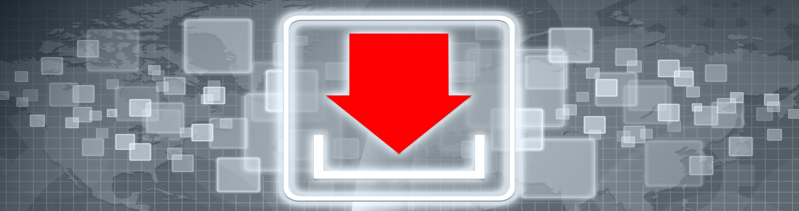Red arrow download icon with digital overlay on a map